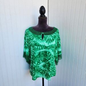 INC International Concepts Green White Tie Dye Peasant Blouse Lace Trim Sz 8